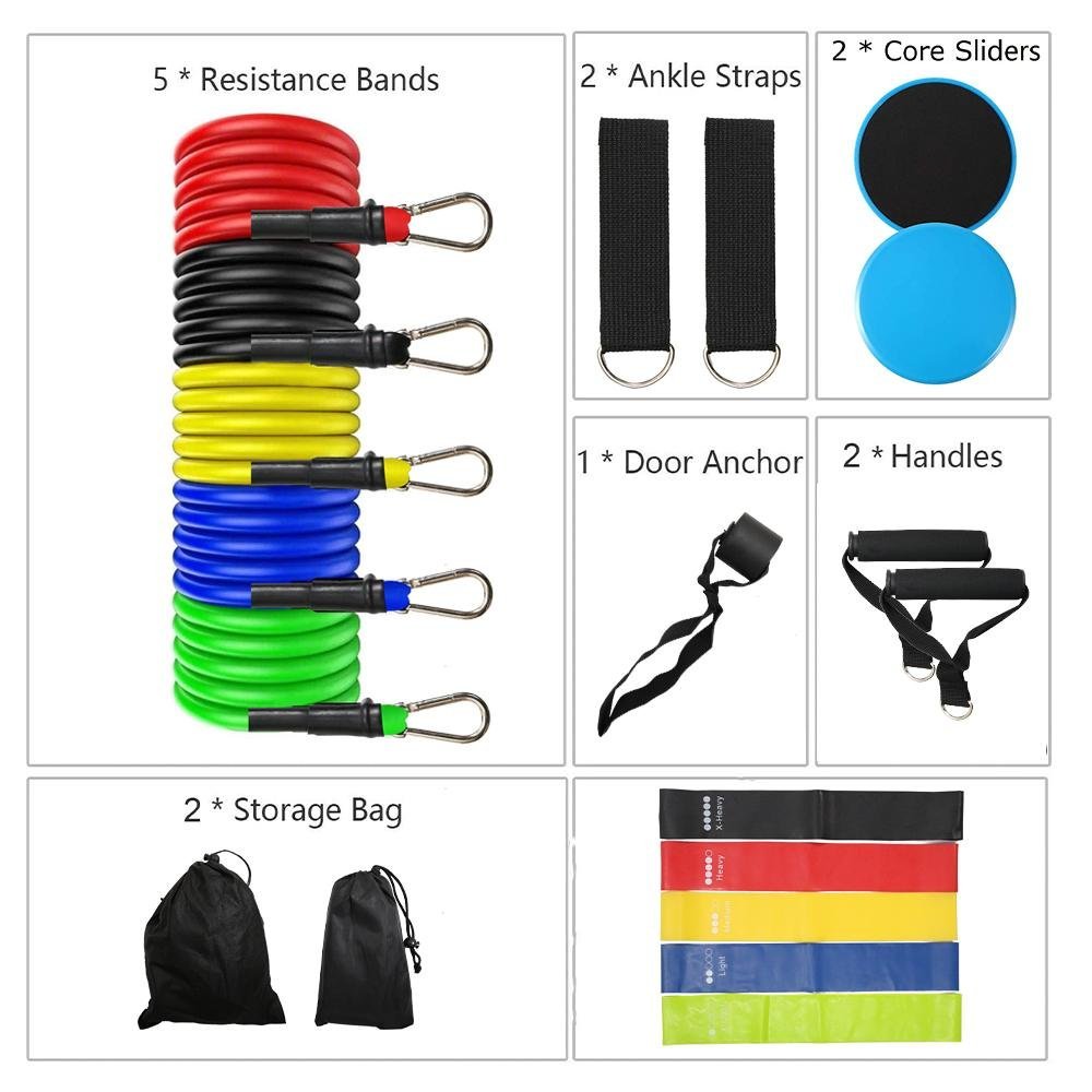 Juego de 19 bandas de resistencia para entrenamiento, juego de bandas de ejercicio, deslizadores centrales