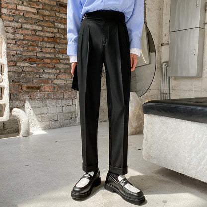 Men's Solid Color Light Cooked Wind Pleated Trousers